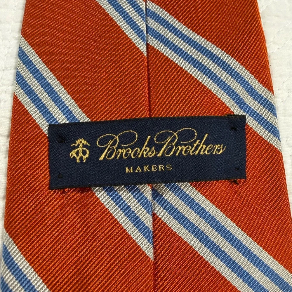 VTG Brooks Brothers Makers Men Necktie Repp Stripe Silk Orange Blue USA 60
